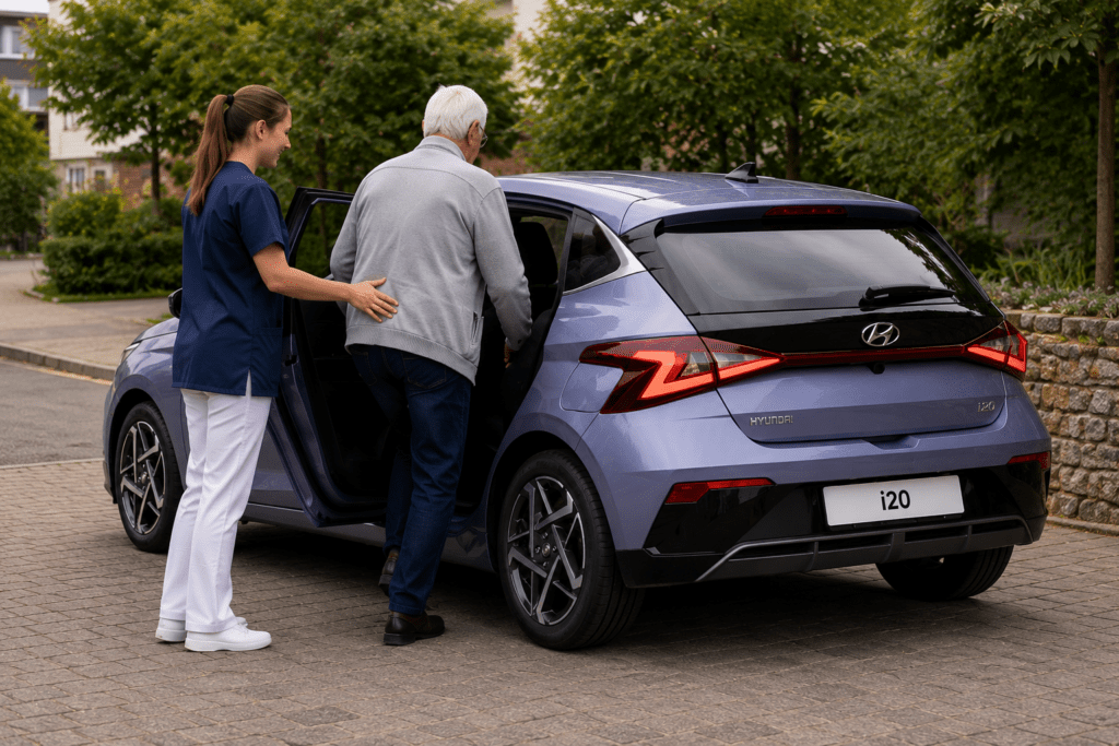 i20 Pflegedienst mit Patient am Auto
